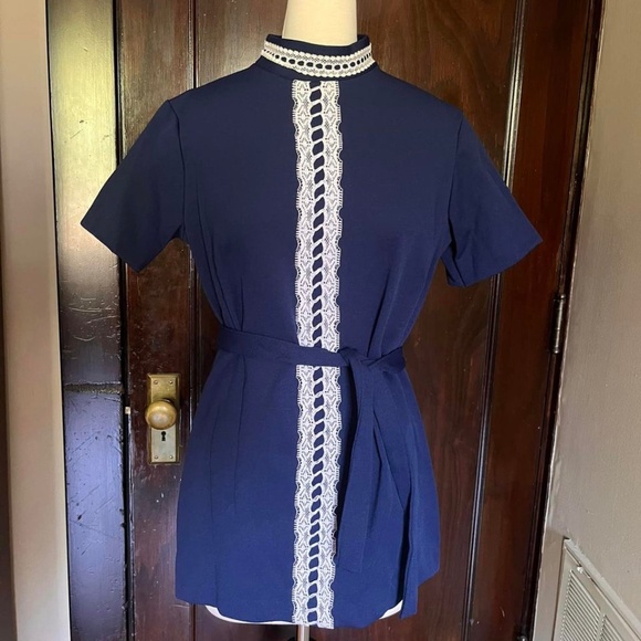 Vintage Dresses & Skirts - 60’s/ 70’s VTG Belted New Fashion Creation Lace Detail Tunic Gogo Mini Dress